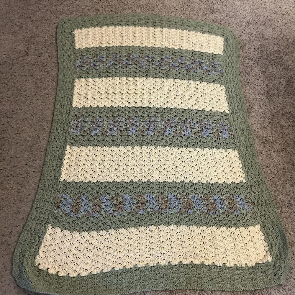Handmade Crochet Afghan Lap/sofa Blanket 38 x 70” Green Cream Blue Brown